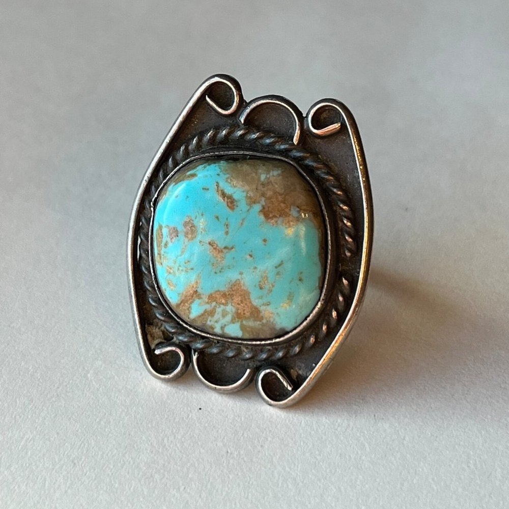 Sz 7 ~ Vintage 1970's Native American Navajo Sterling Silver & Turquoise Ring